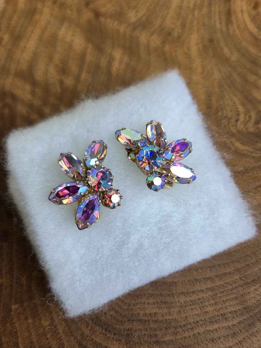 Vintage SHERMAN Signed Aurora Borealis Rhinestone Clip-On Earrings Pat. 156452